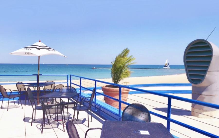 Beachfront seating at Castaways on North Avenue Beach in Chicago